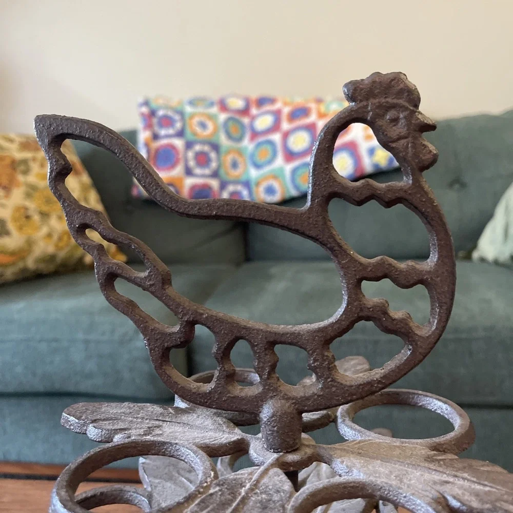 Vtg Cast Iron Rooster Chicken Egg Holder Stand Farmhouse Kitchen Decor